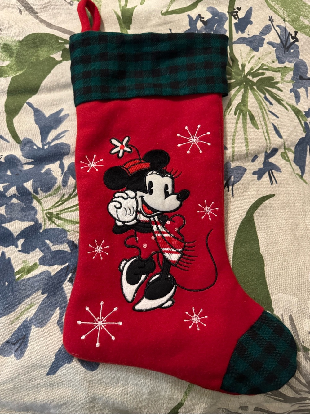 Disney Red Minnie Mouse Holiday Stocking with Green Plaid Cuff